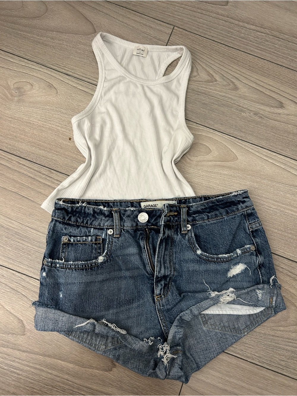 Garage White Ribbed Tank Top with Dark Blue Distressed Denim Shorts